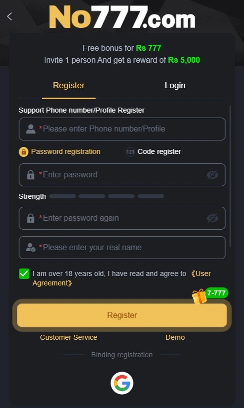 How to Register on No777 Game